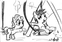 Size: 894x599 | Tagged: safe, artist:wingbeatpony, oc, oc only, colt, filly, male, monochrome, swing