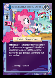 Size: 341x476 | Tagged: safe, artist:pixelkitties, enterplay, bon bon, cheese sandwich, derpy hooves, pinkie pie, sweetie drops, trixie, twilight sparkle, pegasus, pony, canterlot nights, g4, my little pony collectible card game, bon bon is not amused, ccg, female, mare, rock paper scissors
