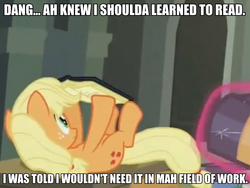 Size: 800x600 | Tagged: safe, screencap, applejack, earth pony, pony, g4, twilight's kingdom, book, cute, female, illiteracy, image macro, meme, on back, pun, silly, silly pony, solo