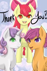 Size: 730x1095 | Tagged: safe, artist:novaquinmat, apple bloom, scootaloo, sweetie belle, earth pony, pegasus, pony, unicorn, g4, abstract background, colored pupils, cutie mark crusaders, female, looking at you, trio