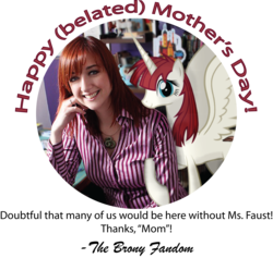 Size: 2437x2312 | Tagged: safe, artist:statoose, oc, oc:fausticorn, alicorn, human, high res, irl, irl human, lauren faust, mother's day, photo, text, thank you lauren
