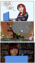 Size: 850x1500 | Tagged: artist needed, source needed, safe, edit, edited screencap, screencap, human, g4, twilight's kingdom, drama, faust drama, golden oaks library, hub logo, irl, irl human, lauren faust, photo, the hub, tree drama