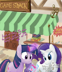 Size: 1000x1150 | Tagged: dead source, safe, artist:thepingaslord, rarity, twilight sparkle, g4, ccg, dialogue, merchandise, meta, shopping