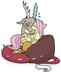 Size: 500x592 | Tagged: safe, artist:pwnyta, discord, fluttershy, draconequus, pony, g4, blushing, cuddling, cute, discute, eyes closed, heart, hnnng, profile, ship:discoshy, shipping, shyabetes, snuggling, weapons-grade cute