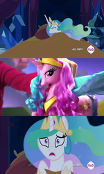 Size: 853x1425 | Tagged: safe, princess celestia, g4, my little pony: friendship is magic, twilight's kingdom, celestia's nightmare, dream, exploitable meme, hub logo, meme, nightmare, pinklestia, toylestia