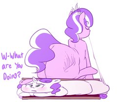 Size: 800x666 | Tagged: safe, artist:secretgoombaman12345, diamond tiara, sweetie belle, original species, pony, ask chubby diamond, fillycon, g4, butt, dialogue, fat, flattened, imminent vore, impossibly large butt, marshmallow, plot, s'mores, sweetie belle is a marshmallow too