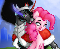 Size: 2500x2058 | Tagged: safe, artist:kelisah, king sombra, pinkie pie, earth pony, pony, unicorn, g4, armor, cape, clothes, colored horn, curved horn, dark magic, female, high res, horn, magic, male, mare, shipping, sombra eyes, sombra horn, sombrapie, stallion, straight