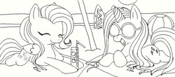 Size: 900x395 | Tagged: safe, artist:redfirestar, fluttershy, rarity, g4, alternate hairstyle, beach, glasses, monochrome, surfboard