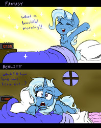 Size: 950x1200 | Tagged: safe, artist:ichibangravity, trixie, pony, unicorn, g4, alarm clock, bed, bed mane, chest fluff, clock, comic, comparison, expectation vs reality, female, floppy ears, fluffy, mare, messy mane, morning ponies, prone, smiling, solo, stretching, tired, unshorn fetlocks, waking up, wide eyes
