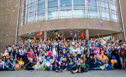 Size: 1280x783 | Tagged: artist needed, safe, artist:shaadorian, human, rubronycon, 2014, confetti, convention, cosplay, group photo, irl, irl human, photo