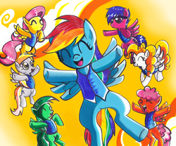 Size: 618x515 | Tagged: safe, artist:aurora-chiaro, derpy hooves, firefly, fluttershy, rainbow dash, sunshower raindrops, surprise, pegasus, pony, g1, g4, winter wrap up, cute, eyes closed, female, flying, g1 to g4, generation leap, happy, mare, open mouth, parody, scene parody, singing, smiling, spread wings, weather team, winter wrap up vest