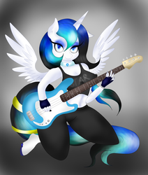 Size: 1684x1989 | Tagged: safe, artist:louderspeakers, oc, oc only, oc:starveil, alicorn, anthro, unguligrade anthro, alicorn oc, anthro oc, guitar, nail polish, solo