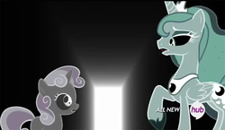 Size: 550x318 | Tagged: safe, screencap, princess luna, sweetie belle, for whom the sweetie belle toils, g4, hub logo