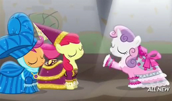 Size: 550x323 | Tagged: safe, screencap, apple bloom, scootaloo, sweetie belle, for whom the sweetie belle toils, g4, actress, cutie mark crusaders, eyes closed, happy, medieval, proud, school play, smiling