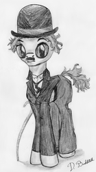 Size: 1679x3000 | Tagged: dead source, safe, artist:doublebackstitcharts, pony, black and white, cane, charlie chaplin, clothes, grayscale, hat, monochrome, moustache, ponified, sketch, solo, suit, traditional art