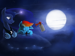 Size: 2000x1495 | Tagged: safe, artist:dimfann, princess luna, rainbow dash, alicorn, pegasus, pony, g4, :t, airhorn, bedroom eyes, cute, duo, eyes closed, female, floppy ears, fluffy, glowing horn, horn, lightning, magic, mare, moon, night, nose wrinkle, open mouth, prank, prone, sky, sleeping, smiling, snoring, stormcloud, telekinesis, this will end in tears