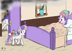 Size: 3450x2550 | Tagged: safe, artist:halflingpony, cookie crumbles, rarity, sweetie belle, g4, breakfast in bed, fire, high res, morning ponies, mother's day, smoke