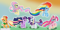 Size: 1280x640 | Tagged: safe, artist:askthefillies, applejack, fluttershy, pinkie pie, rainbow dash, rarity, twilight sparkle, alicorn, pony, ask the fillies, g4, bedroom eyes, bow, cute, female, filly, flying, glare, glowing, looking at you, mane six, mare, open mouth, rainbow power, raised eyebrow, raised hoof, smiling, spread wings, twilight sparkle (alicorn)