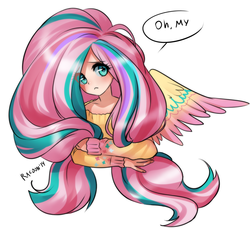 Size: 927x847 | Tagged: safe, artist:racoonsan, fluttershy, human, g4, twilight's kingdom, :<, big hair, blushing, clothes, female, frown, humanized, long hair, long mane, looking at you, oh my, rainbow power, solo, spread wings, sweater, sweatershy, winged humanization