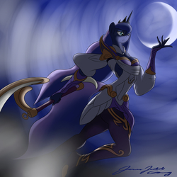 Size: 3000x3000 | Tagged: safe, artist:jamesjackobgermany, princess luna, anthro, g4, breasts, diana, female, flying, fog, high res, jumping, league of legends, moon, night, sideboob, sky, smiling, solo, weapon, wind