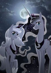 Size: 600x850 | Tagged: safe, artist:yukina-namagaki, princess luna, pony, g4, cloud, cloudy, duality, looking at you, moon, s1 luna, self ponidox, the fun has been doubled
