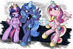 Size: 1476x1000 | Tagged: safe, artist:flutterthrash, princess cadance, princess luna, twilight sparkle, alicorn, pony, g4, black sabbath, card, female, heaven and hell, heavy metal, lollipop, mare, reference, s1 luna, trio, twilight sparkle (alicorn)