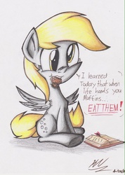Size: 701x984 | Tagged: safe, artist:pelate, derpy hooves, pegasus, pony, g4, book, eating, female, mare, moral, muffin, simple background, solo, traditional art