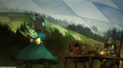 Size: 1250x693 | Tagged: safe, artist:foxinshadow, changeling, pony, alice, alice in wonderland, bipedal, cake, candle, chair, clothes, dress, hat, mad hatter, parody, table, tea party, teacup, teapot