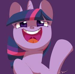 Size: 1332x1315 | Tagged: safe, artist:sion, twilight sparkle, g4, cute, explicit source, faic, female, pixiv, purple background, simple background, smile and wave, solo, twiabetes
