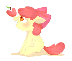 Size: 1000x842 | Tagged: safe, artist:sion, apple bloom, g4, adorabloom, apple, balancing, blushing, cute, eyes on the prize, female, floppy ears, open mouth, pixiv, sitting, smiling, solo