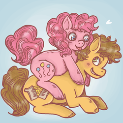 Size: 1000x1000 | Tagged: safe, artist:superlucky13, cheese sandwich, pinkie pie, earth pony, pony, g4, :p, blushing, cute, duo, eye contact, female, grin, heart, hug, looking back, male, ponies riding ponies, prone, riding, ship:cheesepie, shipping, smiling, straight, tongue out