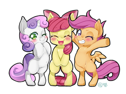 Size: 996x745 | Tagged: safe, artist:mococo, apple bloom, scootaloo, sweetie belle, earth pony, pegasus, pony, unicorn, g4, adorabloom, armpits, bipedal, blushing, cute, cutealoo, cutie mark crusaders, diasweetes, female, filly, looking at you, nudity, pubic mound, simple background