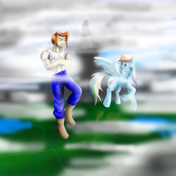 Size: 894x894 | Tagged: safe, artist:cjvselinmortal, rainbow dash, oc, oc:coliseo rossi, g4, clothes, cloud, cloudy, crossover, flying, mountain, spread wings, wings