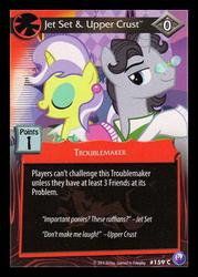 Size: 300x419 | Tagged: safe, enterplay, jet set, upper crust, pony, unicorn, canterlot nights, g4, my little pony collectible card game, ccg, duo, eyes closed, eyeshadow, female, horn, makeup, male, mare, stallion