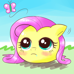 Size: 500x500 | Tagged: safe, artist:dobado, fluttershy, butterfly, yukkuri, g4, chubbie, drool, female, pixiv, solo