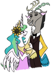 Size: 768x1024 | Tagged: safe, artist:hansuoddie, discord, princess celestia, pony, g4, bipedal, clothes, dress, eyes closed, female, flower in hair, grin, male, ship:dislestia, shipping, simple background, smiling, spread wings, straight, suit, sunflower, tuxedo