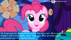 Size: 500x281 | Tagged: safe, pinkie pie, g4, diverse-mlp-headcanons, female, headcanon, solo, text