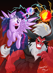 Size: 1500x2059 | Tagged: safe, artist:danmakuman, lord tirek, twilight sparkle, alicorn, pony, g4, female, flying, looking at each other, mare, open mouth, super saiyan princess, twilight sparkle (alicorn), twilight vs tirek, vein