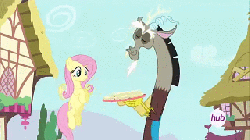 Size: 320x180 | Tagged: safe, screencap, applejack, discord, fluttershy, pinkie pie, rainbow dash, rarity, spike, draconequus, dragon, earth pony, pegasus, pony, unicorn, g4, season 4, twilight's kingdom, animated, cucumber sandwiches, female, flying, gif, hub logo, male, mare, picture for breezies, remane five, sandwich, spread wings, wings, youtube link in the description