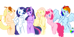 Size: 3000x1500 | Tagged: safe, artist:ambris, artist:thenationmaker, applejack, fluttershy, pinkie pie, rainbow dash, rarity, twilight sparkle, anthro, g4, armpits, ass, barbie doll anatomy, belly button, blushing, breasts, butt, chest fluff, delicious flat chest, duckface, featureless breasts, female, flatlight sparkle, flattershy, fluffy, freckles, line-up, looking at you, looking back, mane six, nudity, pinkie flat, rainbow flat, simple background, wallpaper, white background