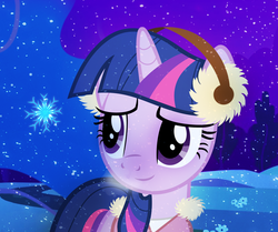 Size: 955x800 | Tagged: safe, artist:flare-chaser, twilight sparkle, pony, unicorn, g4, earmuffs, female, night, smiling, snow, snowfall, snowflake, solo