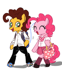 Size: 1024x1280 | Tagged: safe, artist:momo, cheese sandwich, pinkie pie, pony, g4, bipedal, clothes, cute, diacheeses, diapinkes, eyes closed, female, happy, male, open mouth, school uniform, ship:cheesepie, shipping, smiling, straight, uniform, walking