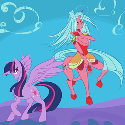 Size: 3240x3240 | Tagged: safe, artist:registered111, twilight sparkle, alicorn, centaur, pony, g4, faster than you know, high res, jojo's bizarre adventure, looking back, raised hoof, smiling, stand, twilight sparkle (alicorn)