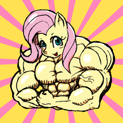 Size: 800x800 | Tagged: safe, artist:tengami, fluttershy, anthro, g4, female, fetish, muscle fetish, muscles, muscleshy, pixiv, solo, topless