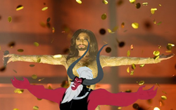 Size: 1283x804 | Tagged: safe, lord tirek, g4, my little pony: friendship is magic, twilight's kingdom, conchita wurst, crossdressing, eurovision song contest, exploitable meme, lord tirek's outstretched arms, meme