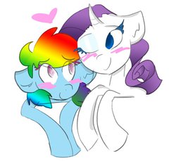 Size: 934x856 | Tagged: safe, artist:heeeeresizzy, rainbow dash, rarity, g4, blushing, female, heart, lesbian, rubbing, ship:raridash, shipping, smiling, snuggling, wink