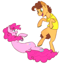 Size: 574x600 | Tagged: safe, artist:flower-power-love, cheese sandwich, pinkie pie, pony, g4, bipedal, blushing, clothes, eye contact, female, happy, horseshoes, male, open mouth, playing, ship:cheesepie, shipping, smiling, straight, underhoof
