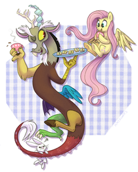 Size: 1017x1269 | Tagged: safe, artist:ninidoodles, angel bunny, discord, fluttershy, draconequus, pony, g4, cucumber sandwiches, female, food, male, pet, pixiv, platter, sandwich, tea