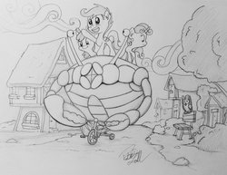 Size: 1024x792 | Tagged: safe, artist:pajaga, apple bloom, owlowiscious, scootaloo, sweetie belle, oc, oc:tom the crab, crab, giant crab, g4, bicycle, cutie mark crusaders, monochrome, sketch