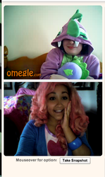 Size: 390x656 | Tagged: safe, pinkie pie, spike, human, equestria girls, g4, blonde, clothes, cosplay, hoodie, irl, irl human, jacket, omegle, online, photo, pink, spike hoodie